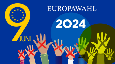 Der Schriftzug Europawahl 2024 darunter viele Hände