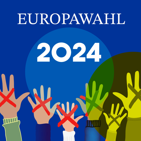 Der Schriftzug Europawahl 2024 darunter viele Hände