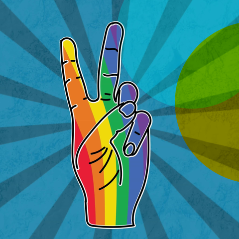 Eine Hand die in Regenbogenfarben eingefärbt ist und das Peace-Zeichen zeigt