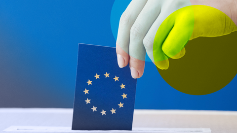 Eine Hand, die eine Karte mit den EU-Sternen in eine Wahlurne wirft