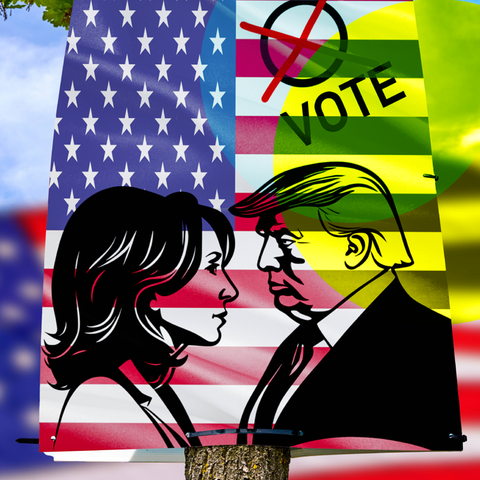 Ein Plakat, auf dem Trump und Harris als Zeichnung zu sehen sind, darüber steht "Vote"